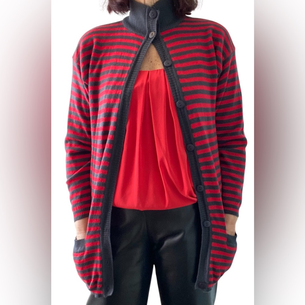 Vintage 100% lambswool Striped Red & Black high collar cardigan Size M EUC